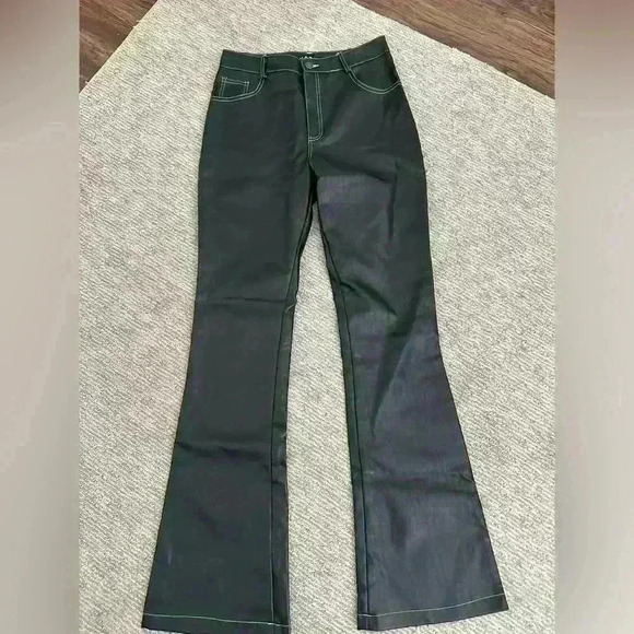 Motel Rocks Zorea Trouser in PU Black with White Stitching - Picture 1 of 5